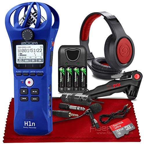 Zoom H1N 2-Input / 2-Track Portable Handy Recorder With Onboard X/Y Microphone (Blue) + Xpix Professional Lavalier Microphone, Stereo Headphones, 32Gb Sd Card, Aaa Batteries & Charger & Accessories #TOP1