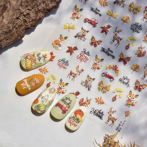 Image of Fall Leaf Nail Art Stickers Fox Deer Nail Decals for Nails Art Autumn Leaf with Design 5D Embossed Self Adhesive Nails Stickers for Women Girls Kid Manicure DIY Decoration