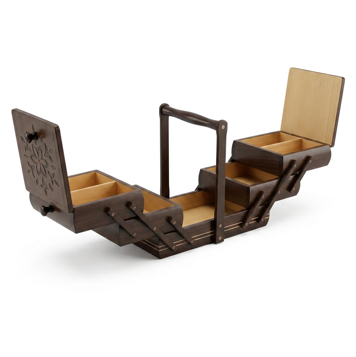 NICIARKA DREWNIANA rozkładana kuferek krawiecki organizer 34x18x26 cm brąz