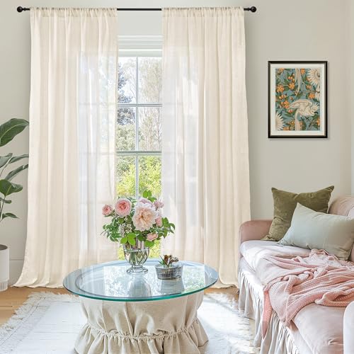 Image of BGment Beige Linen Curtains 84 Inch Length for Living Room Cream Drapes | Semi Sheer Window Drapes Light Filtering with Rod Pocket for Bedroom Dining Country Lightweight, 2 Panels, 52 X 84 Inch