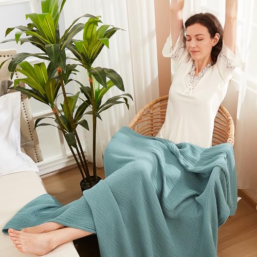 EMME Cotton Blanket Twin XL for Bed Soft Muslin Blankets 66"x90" Lightweight Breathable Layering Bedspread Coverlet All Season Gauze, Teal