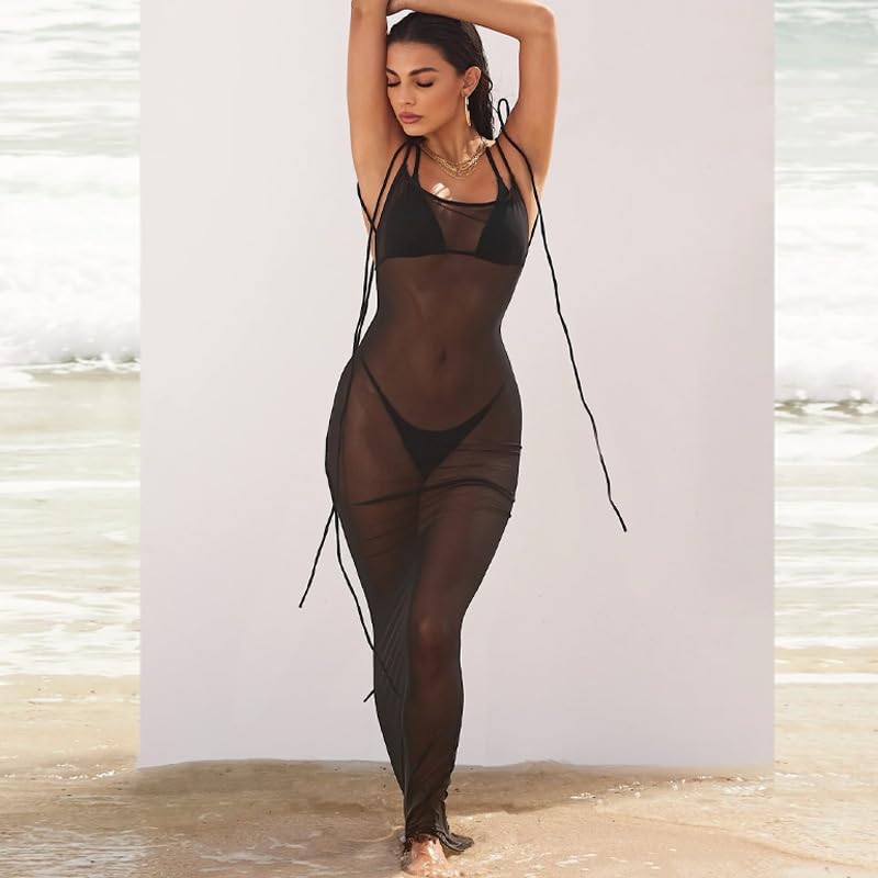 Image of Suillty Women Mesh Sheer Spaghetti Strap Long Maxi Dress Sexy Sleeveless Backless Beach Swimsuit Cover Ups Party Club Dresses