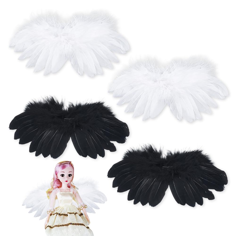 AHANDMAKER 4Pcs Mini Engel Flügel Für Handwerk Schwarz Und Weiß Feder Engel Flügel Weiche Flauschige Flügelchen Für Selbstgemachte Ornamente Kuscheltiere Dekoration (3.5x7.5(5) cm)