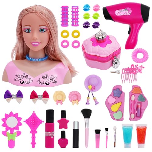 Weendiypty Doll Head Hair Styling Makeup Girls Toys Kids Pretend Play Beauty Set with Real Washable Cosmetics Hairdryer Curling Hairpins Accessories Birthday Gifts for Girls 3 Years Old
