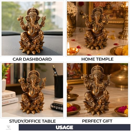 Image of UNOVATE Ganesha Idol for Car - 10cm Ganpati Murti | Ganesha Idol for Home, Pooja Room & Gift | Ganesh Statue for Mandir, Diwali, Ganesh Chaturthi & Housewarming (Golden)