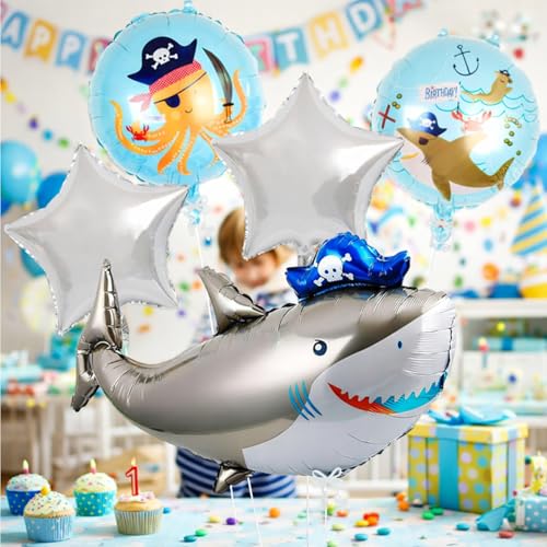 Image of Rozi Decoration Pirate Shark Theme Foil Balloon Set with Star Shape Balloons for Kids Birthday Party Decoration, Ocean Theme Party Decor, Cartoon Shark Balloon Combo for Home Celebration