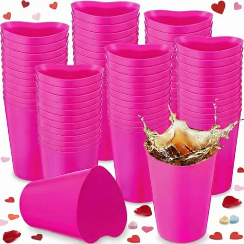 Qinyoung 100 Pcs Rose Red Plastic Party Cups Bulk 12 oz Cute Bachelorette Cups Reusable Plastic Heart Shaped Wine Cup for Wedding Birthday Drinking Beverage Party Supplies