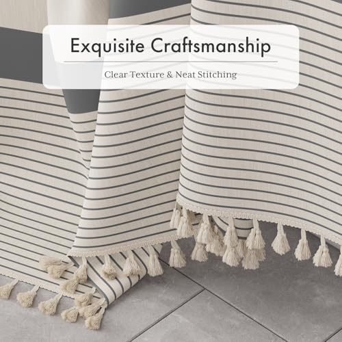 Image of AmazerBath Boho Shower Curtain Set, Grey Shower Curtain with Tassels, Rustic Faux Linen Gray Striped Modern Farmhouse Shower Curtain with Hooks, Light Tan Toned, 72x72 Inches