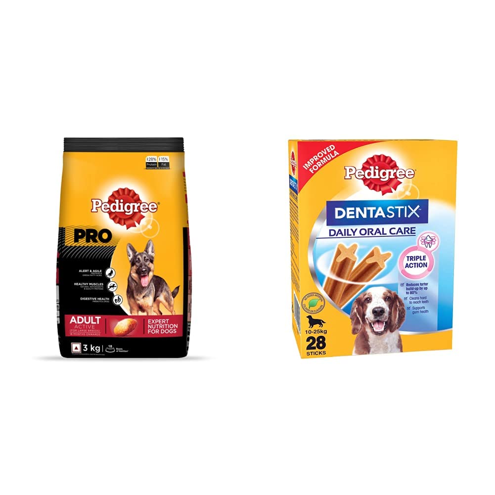 Pedigree PRO Expert Nutrition Active Adult Large Breed Dog (18 Months Onwards) Dry Dog Food, 3kg Pack & Dentastix Medium Breed (10-25 kg) Oral Care Dog Treat, 720g Monthly Pack (28 Chew Sticks) (B095FG1RKT) Amazon Price History, Amazon Price Tracker