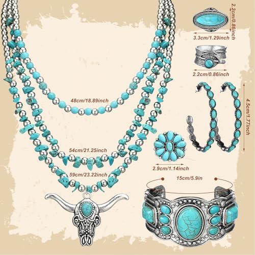 Image of Ecally Bohemian Western Jewelry Turquoise Set Women Country Pendant Long Choker Layered Bracelets Earrings Ring for Women