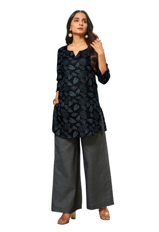 ODD BY chansi TRENDZ Women’s Traditional Black Poly Cotton Co-Ord Set | V Neck 3/4 Sleeve Ethnic Co-Ord Set | Short Kurti with Palazoo for Casual ODD BY chansi TRENDZ Women’s Traditional Black Poly Cotton Co-Ord Set | V Neck 3/4 Sleeve Ethnic Co-Ord Set | Short Kurti with Palazoo for Casual