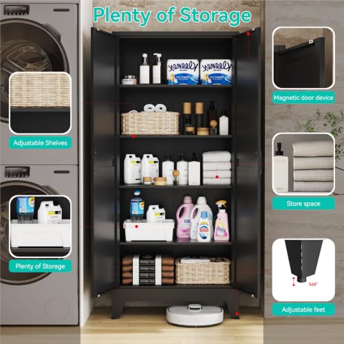 Image of Metal Storage Cabinet with Doors and Adjustable Shelves | 71 inch Tall Pantry Cabinet for Kitchen Dining Room Bathroom Garage,Black,1 Pce