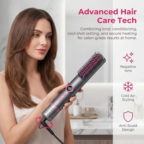 Cepillo alisador profesional iónico con aire caliente - Alisador de cabello rápido con función de chorro frío, enchufe estadounidense, pantalla LCD y protección contra quemaduras - Gris miniatura 3