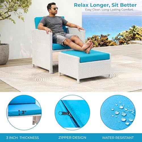 Image of DEVOKO Valencia Outdoor 5 Piece All Weather Rattan Wicker Patio Sofa Set with Water Resistant Cushioned Chairs with Glass Top Table & Ottomans for Garden, Pool, Porch, Backyard (White & Sky-Blue)