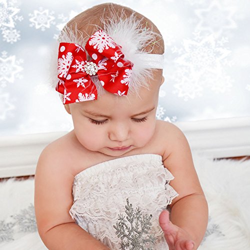 Baby Girl's Christmas Feather Headband Christmas Rose Chiffon Flower Elastic Hair Band (Feather Red 1)2