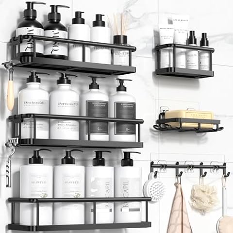 YASONIC Shower Caddy Adhesive, No Drill Bathroom Shower Organizers, with Removable Hooks, Rust Proof Shower Shelves, Wall-Mounted Shower Holder, Black, 8 Pack Cover