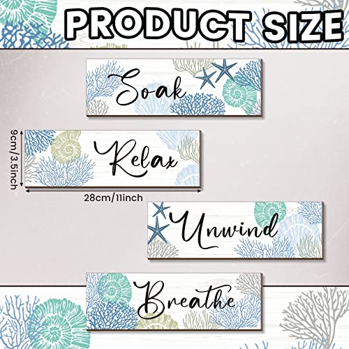Pinkunn 11 x 3.5 Inches Coastal Christmas Decor Set of 4 Beach Ocean Bathroom Wall Decor Wood Relax Soak Unwind Breathe Wall Art Starfish Seashell Coral Nautical Art Rustic Farmhouse Wooden Signs - Image 2