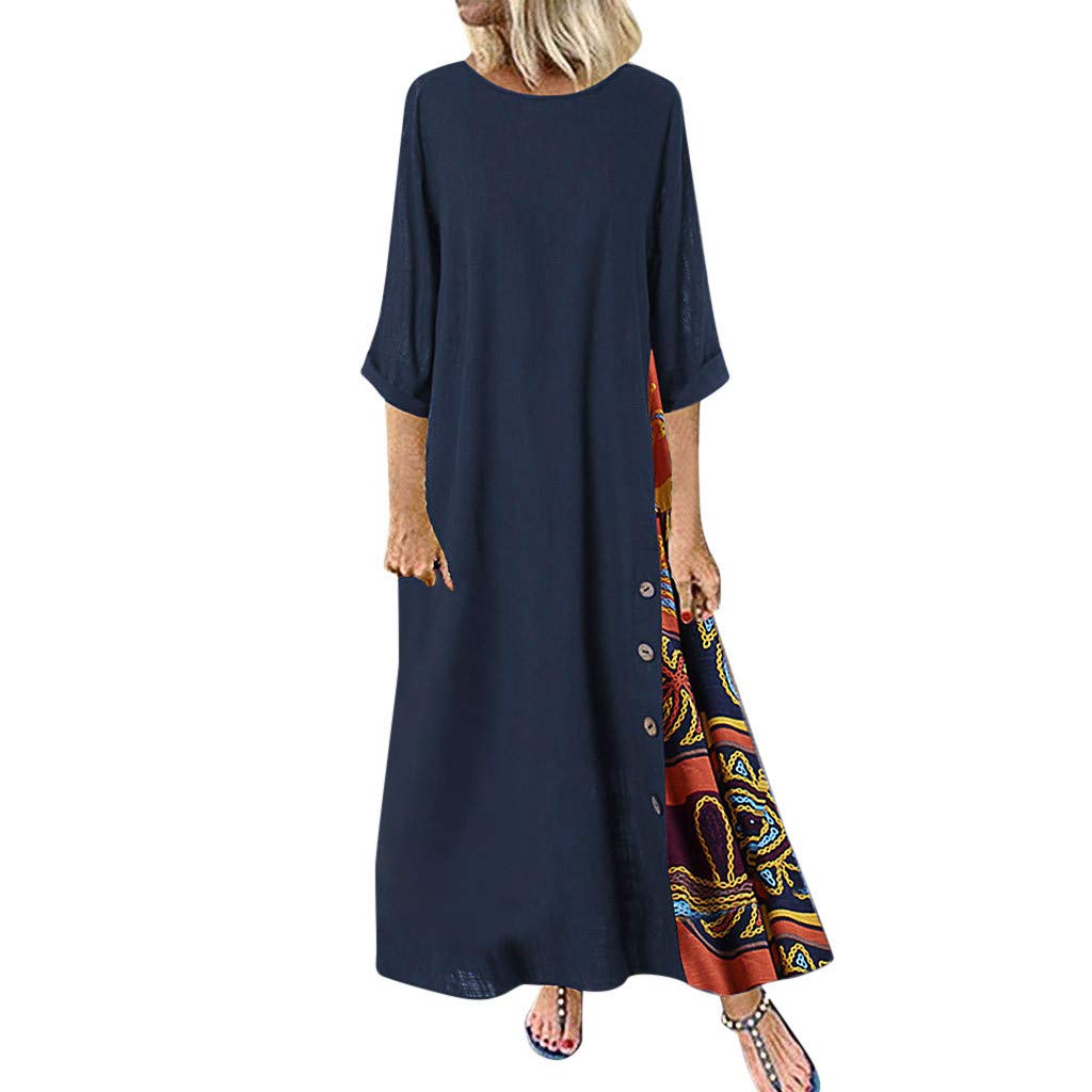 NUSGEAR Nuevo 2021 Vestidos Largo para Mujer, Moda Tallas Grandes Fiesta Vestido de Vestir Elegante Algodón y Lino Vestido de Noche impresión Casual Vestidos Largo Vestido Manga Corta Cómodo