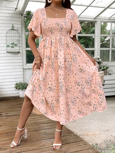 Image of Floerns Women's Plus Size Floral Square Neck Flounce Short Sleeve A Line Maxi Dress