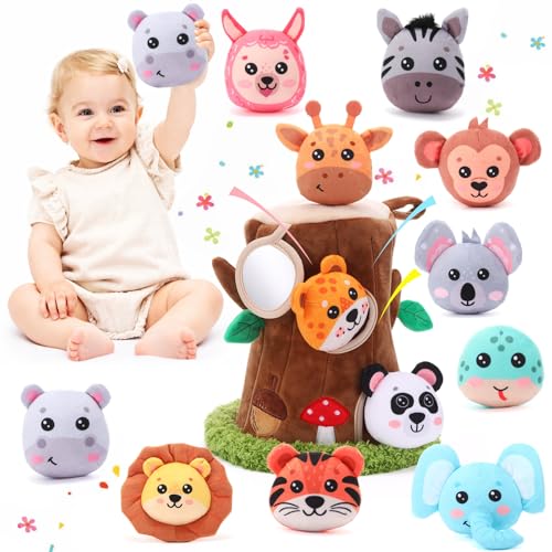 Arrowbash Plush Safari Animal Tree House Playset, 13 PCS Soft Forest Animals, Sensory Learning Toys for Infants 6–12 Months, Toddlers 1–3 Gift, Birthday Gift