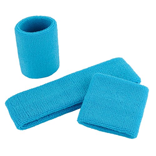 Image of ONUPGO Sweatband Set Sports Headband Wrist Striped Sweatbands Terry Cloth Wristband Athletic Exercise Basketball Wrist Sweatband and Headbands Moisture Wicking Sweat Absorbing Head Band Neon Blue