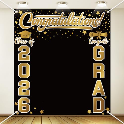 Frienda Large Class of 2026 Graduation Backdrop 6.6 x 7.2 ft Congrats Grad Graduation Party Decoration Photography Background for High School College Party Decor Supplies(Black Gold)