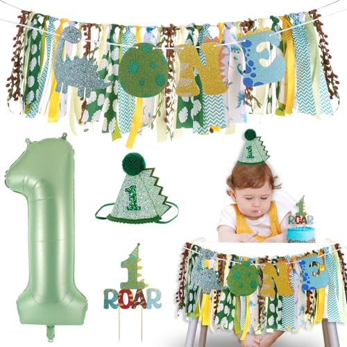 Image of Dinosaur Highchair Banner for First Birthday Party Decorations | Little Dino Roar I m One Birthday Fabric Banner for Boys Green Jungle Dinosaur High Chair Banner for 1st Bday Backdrop Decors