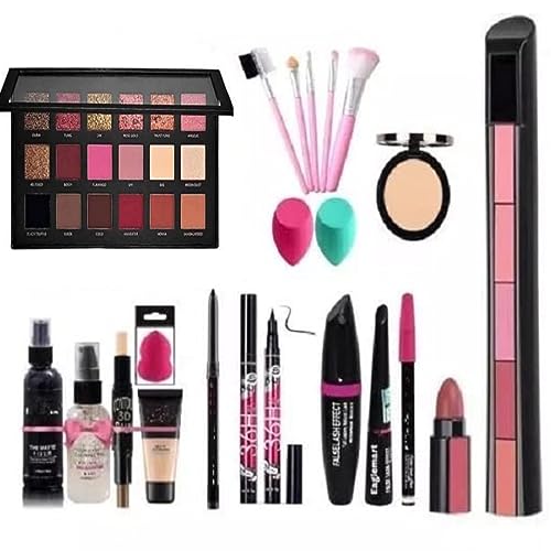 Rose Gold Multicolor Makeup Kit with 5 Pink Brushes, 3in1 Combo, 36H Eyeliner, Kajal, Compact, Lipstick, Fixer, Primer, Contour, Foundation, 3 Makeup Puffs – (Pack of 20)
