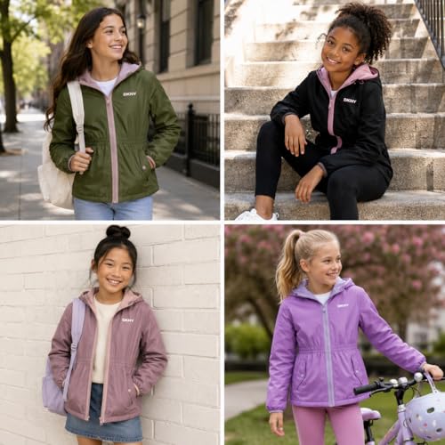 Image of DKNY Girls Fleece Jacket - Polar Fleece Lined Midweight Hooded Anorak Windbreaker - Cozy Outerwear & Winter Jackets for Girls