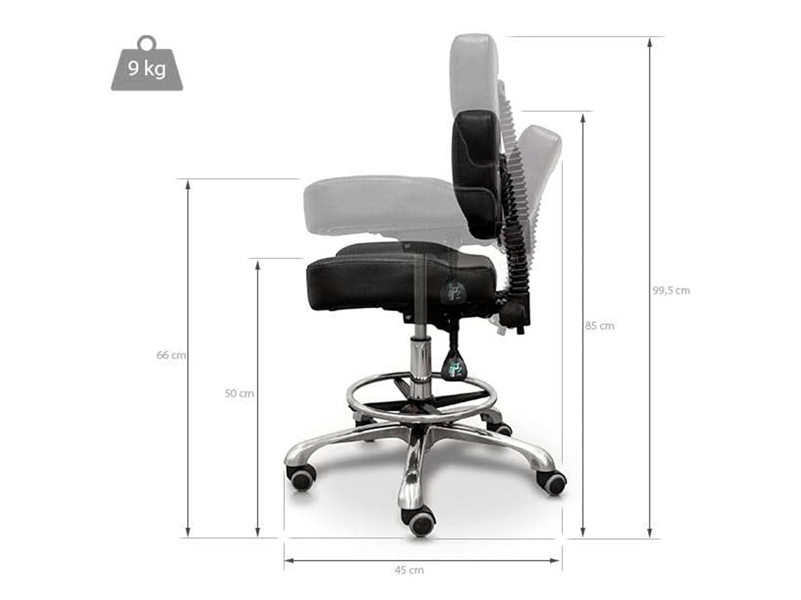 QUIRUMED Taburete hidráulico con Respaldo, Asiento reclinable y reposapiés, Color Negro, tapizado en Polipiel, Acero Cromado, Antideslizante, Ergonómico
