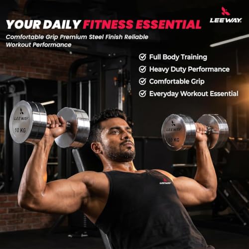 Image of Leeway Steel Dumbbell Set 50 Kg x 2 | Chrome Dumbbells for Home Gym | Rust-Resistant Non-Slip Grip | Strength Training Metal Dumbbell Set | Iron Dumbell | Round Dumble (50kg X 2 = 100kg Chrome)
