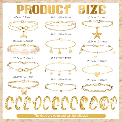 Image of Sasylvia 24 Pcs Anklet and Toe Ring Set for Women Girl Silver Gold Layered Anklet Chain Adjustable Open Toe Ring Foot Jewelry