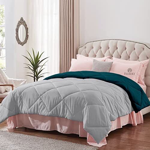 Image of Filbert - Double Bed Comforter for Winter 300 GSM Reversible Microfiber Soft & Cozy Diamond Stitch Quilt (90 inch x 100 inch Inches /228cm x 254cm) - Comforter Double Bed|Silver /Teal
