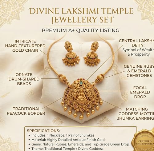 Image of Traditional Gold-Plated Lakshmi Temple Pendant Necklace Set for Women | Antique South Indian Jewelry with Jhumka Earrings | Ethnic Bridal, Wedding & Festive Jewelry Set