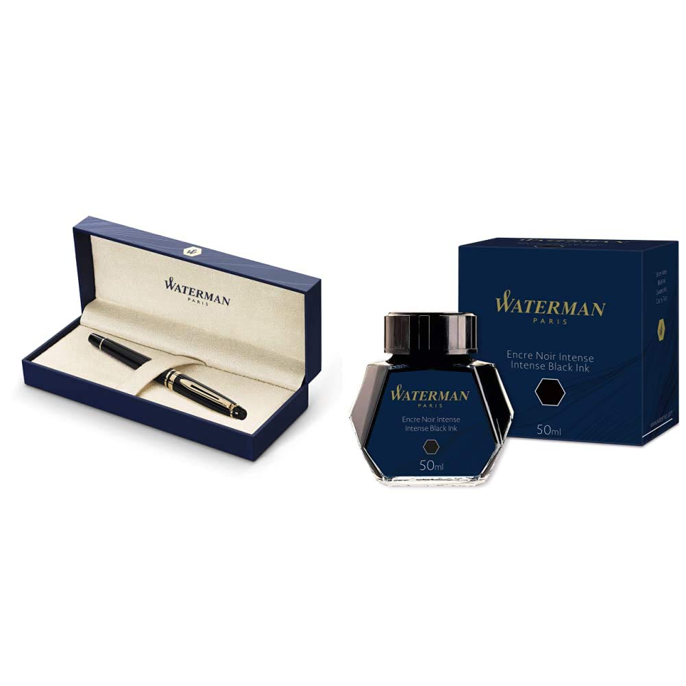 Waterman Expert Laque Noire Attributs Dorés Stylo Plume Pointe Moyenne - dans son Écrin + Waterman Encre pour Stylo Plume Noire Intense - Flacon de 50 ml Bundle