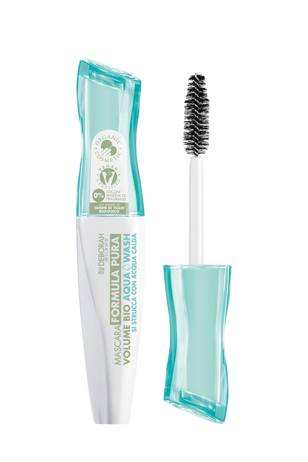Deborah Milano - Mascara Formula Pura Aqua Wash BIO, Struccaggio Rapido con Acqua, Alta Tollerabilità Senza Siliconi, Effetto Volumizzante, Nutre e Allunga le Ciglia, Nero, 12 ml
