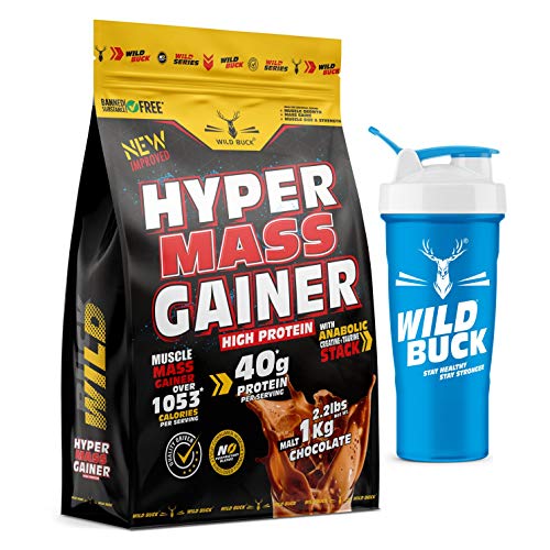 Image of WILD BUCK Hyper Mass Gainer,High Protein Muscle Mass Gainer With Creatine + Taurine,1053 Calories&40G Protein,Gain Strength&Size,Weight Gainer For Men&Women [Malt Chocolate,1 Kg / 2.2 Lb] Free Shaker