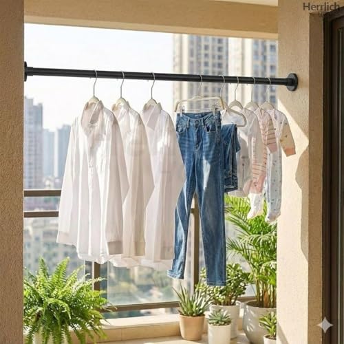Image of Herrlich Homes (105 to 170 cm Extendable Shower Curtain Tension Rod | Non-Drilling Anti-Skid Spring Pull Rod | Adjustable Size | with Rubber Pads | Stainless Steel, Silver | Black | Large