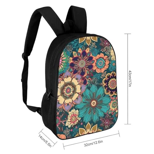 Unique Artistic 17" Durable Polyester Backpack Bohemian Flower Printed - Large Anti-Wrinkle Carryall with Adjustable Straps & Side Pockets2
