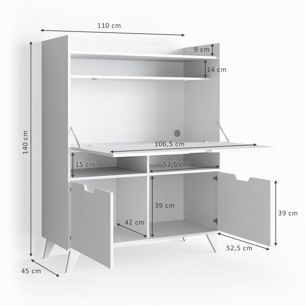Vicco Sekretär Schreibtisch Berdi, Weiß, 110 x 45 cm | geeignet als Arbeitsplatz für Homeoffice oder Arbeitszimmer