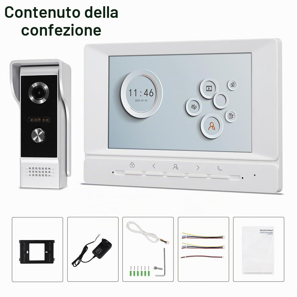Sistema interfono videocitofono WiFi TUYA da 7 pollici, telecamera HD 1080P IR a visione notturna, videocitofono con monitor, supporto audio bidirezionale, registrazione, sblocco remoto