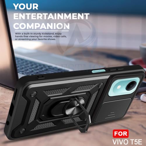 Image of AESTMO Tough Armor Vivo T5E Bumper Back Case Cover | Ring Holder & Sliding Camera Shield Cover | 360 Degree Protection Back Case Cover for Vivo T5E (Black)