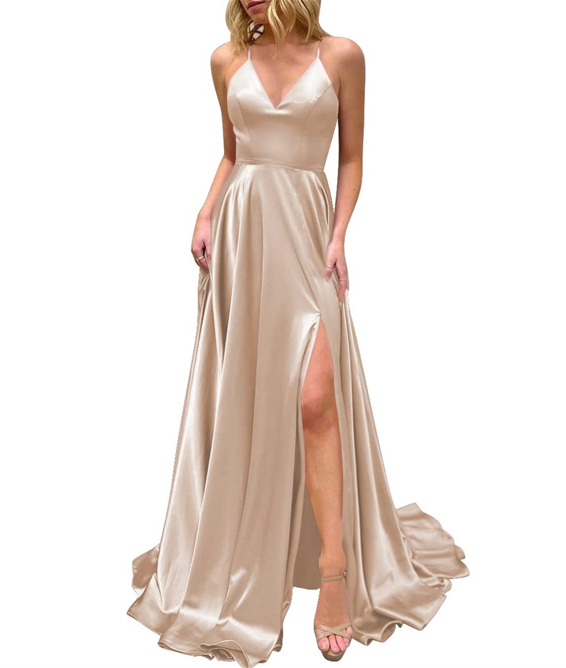 Hppee Women's Champagne Evening Ball Gowns For Spaghetti Strap Clod Shoulder Formal Prom Dress With Slit Uk20