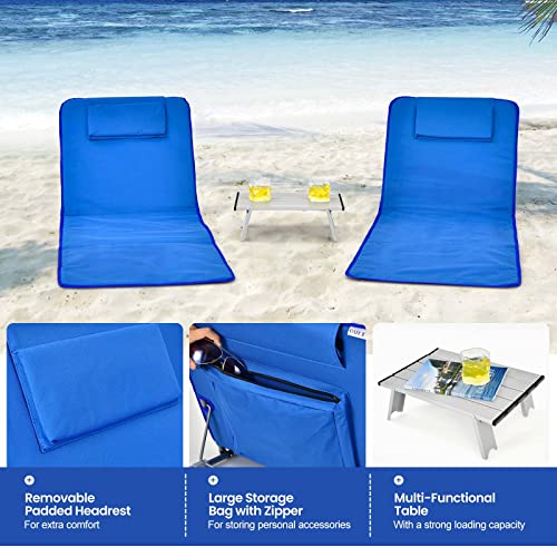 Image of Giantex Beach Chairs for Adults 2 Pack Set with Side Table, Folding Lounge Chairs, 5 Position Adjustable Lawn Chair for Sunbathing, Patio Chaise Lounge Lightweight Backpack Camping Chairs (Navy)