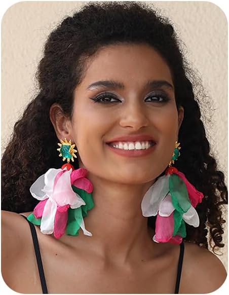 Bohemian Flower Drop Dangle Earrings Vintage Handmade Chiffon Floral Long Tassel Earrings Exaggerated Big Flower Stud Earrings Wedding Bridal Party Ear Jewelry for Women