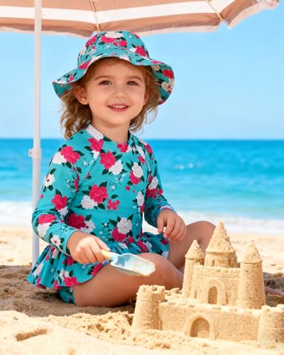 Image of Redair Toddler Girls One Piece Swimsuit Long Sleeve Bathing Suit with Hat UPF 50+ Sun Protection 1-5T