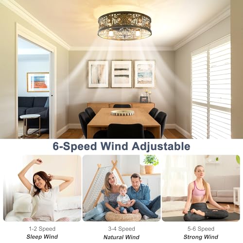 Image of Garwarm 20 inch Caged Ceiling Fans with Lights,Vintage Victorian Rustic Crystal Fandelier,Low Profile Flush Mount Enclosed Bladeless Ceiling Fan with Light and Remote for Bedroom,Kitchen,Dining Room