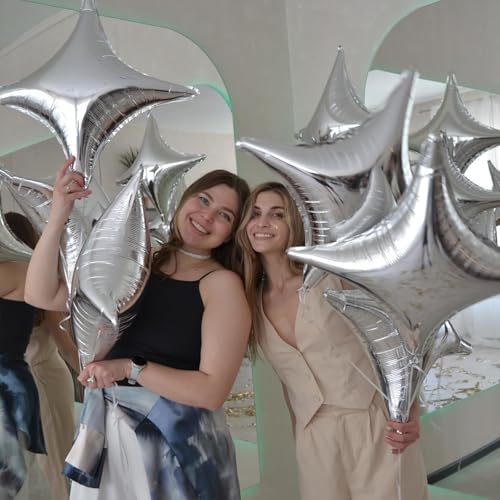 Image of Silver Star Balloons,12Pcs Four Angle Star Foil Balloons