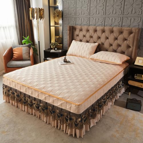 Hoisy Set de 3 Piezas Bajeras Poliéster Algodón, Patrón de Cuadros con Encaje Bordado, 200 x 220 CM + 2 Fundas de Almohada, Sabanas Bajera Caqui Claro