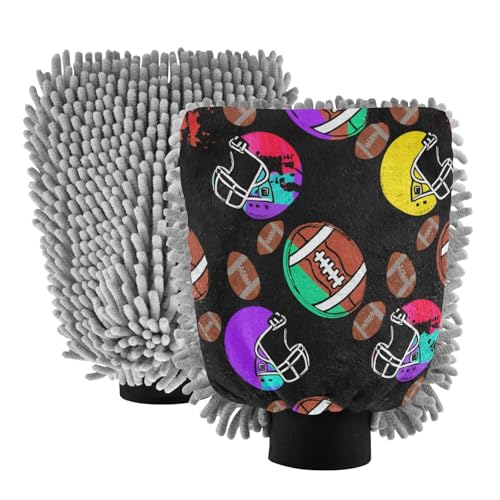 STAYTOP Rugby and Helmets Car Wash Mitt Microfiber, 2Pcs Scratch Free Lint-Free, Premium Chenille Microfiber Mitt Car Wash Brush-M